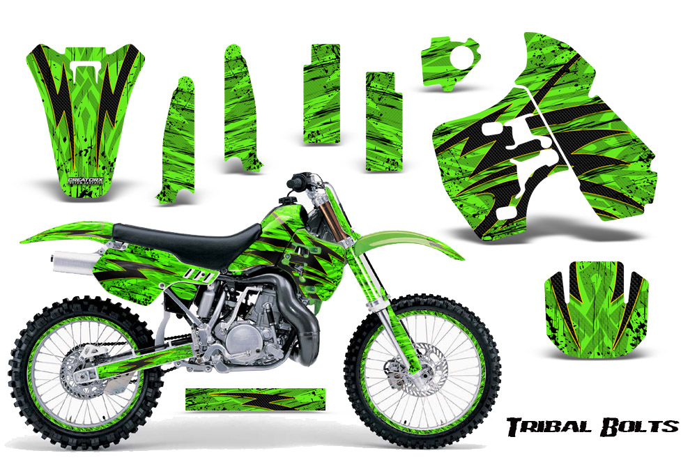 Kawasaki KX500 88-04 Graphics Kit Tribal Bolts Yellow Green NP Rims